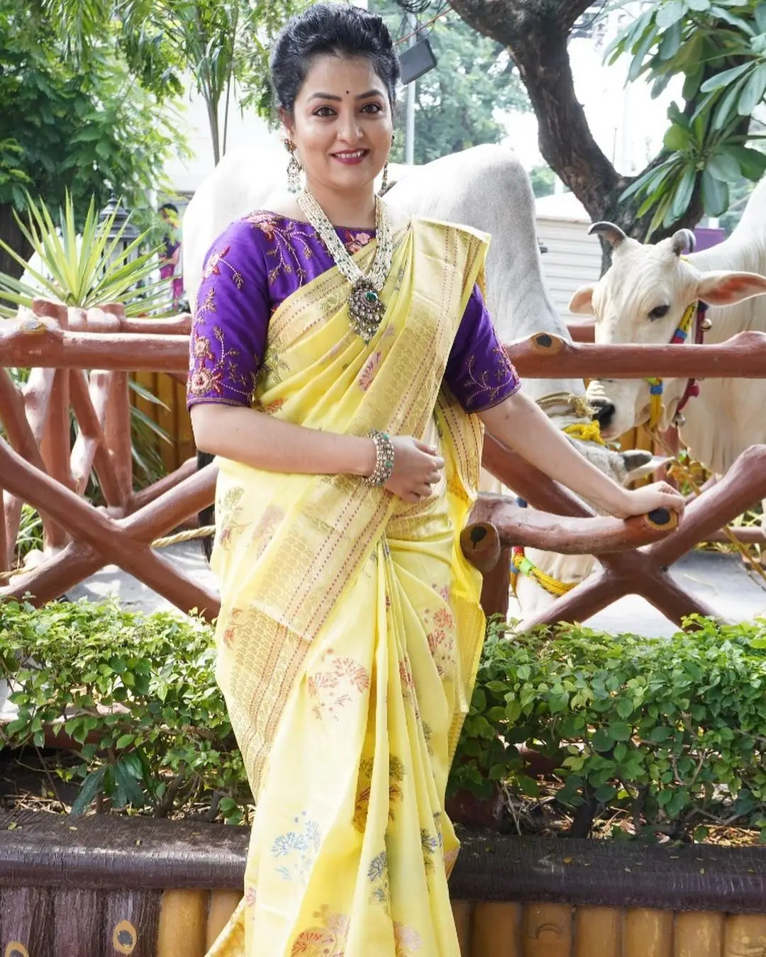 ETV Abhiruchi Madhuri Kandavalli In Yellow Saree Violet Blouse